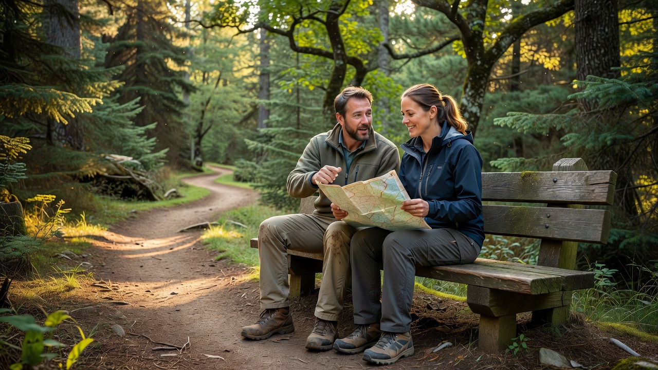 Two walkers resting on a wooden bench along a trail, chatting with a map between them