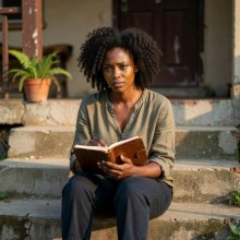 Amira Osei sitting on her front steps with a notebook