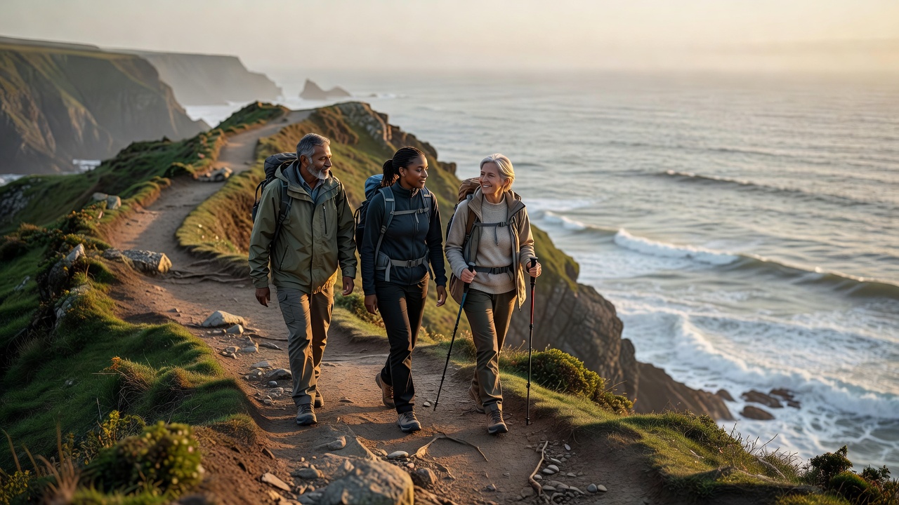 Three people walking together along a coastal footpath in soft morning light