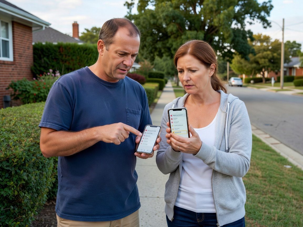Two neighbours on a quiet residential street comparing an emergency alert on their phones