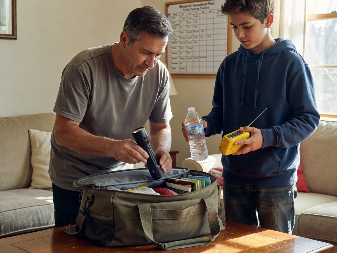 A parent and teenager at a kitchen table packing a torch, water bottles and a radio into an emergency bag