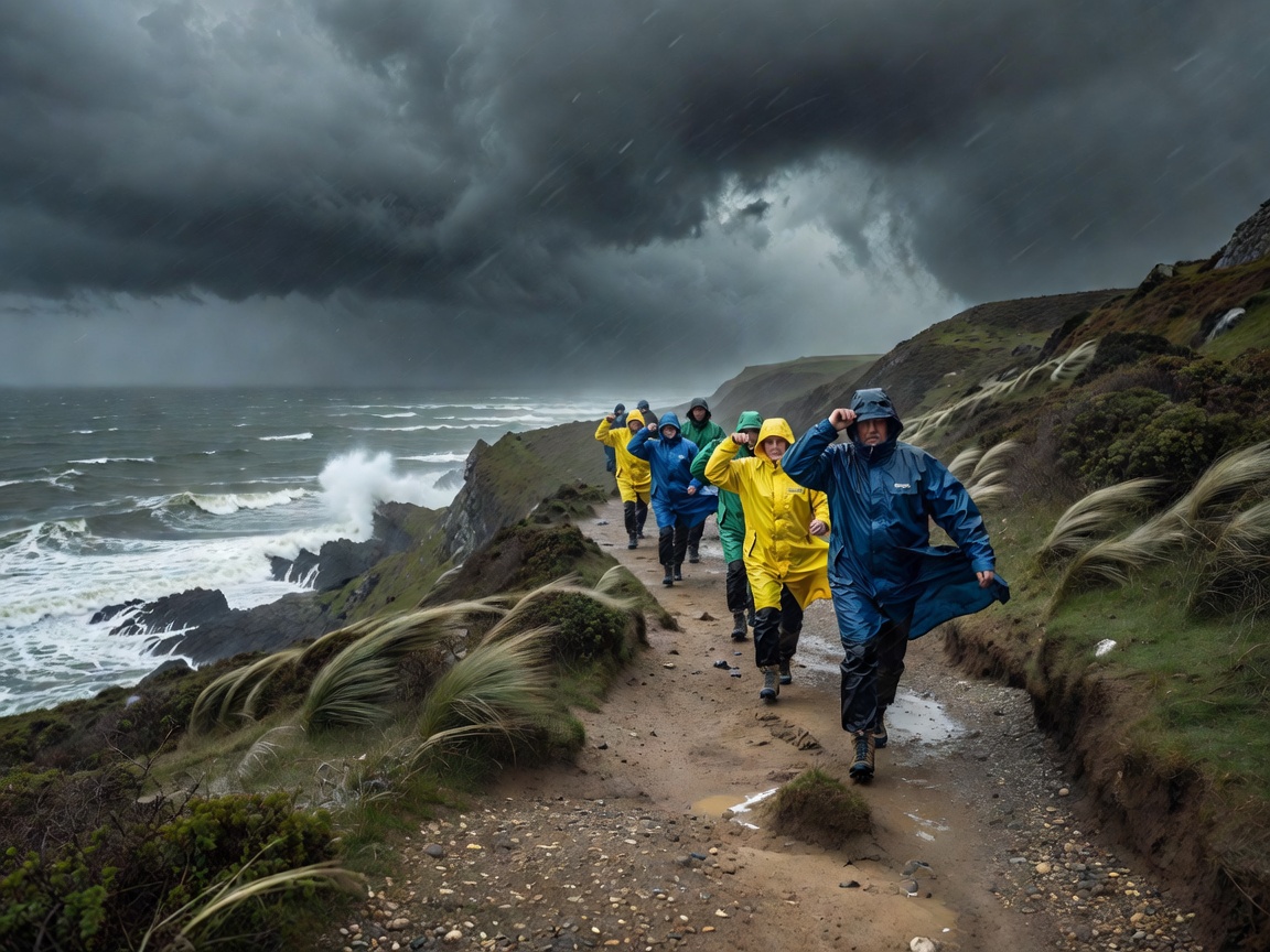 People in rain jackets leaning into the wind on a coastal path under heavy grey clouds