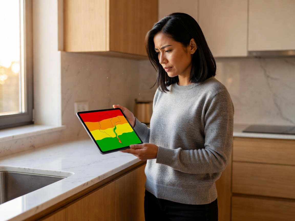 A woman in a sunlit kitchen reading a colour-coded weather warning on a tablet